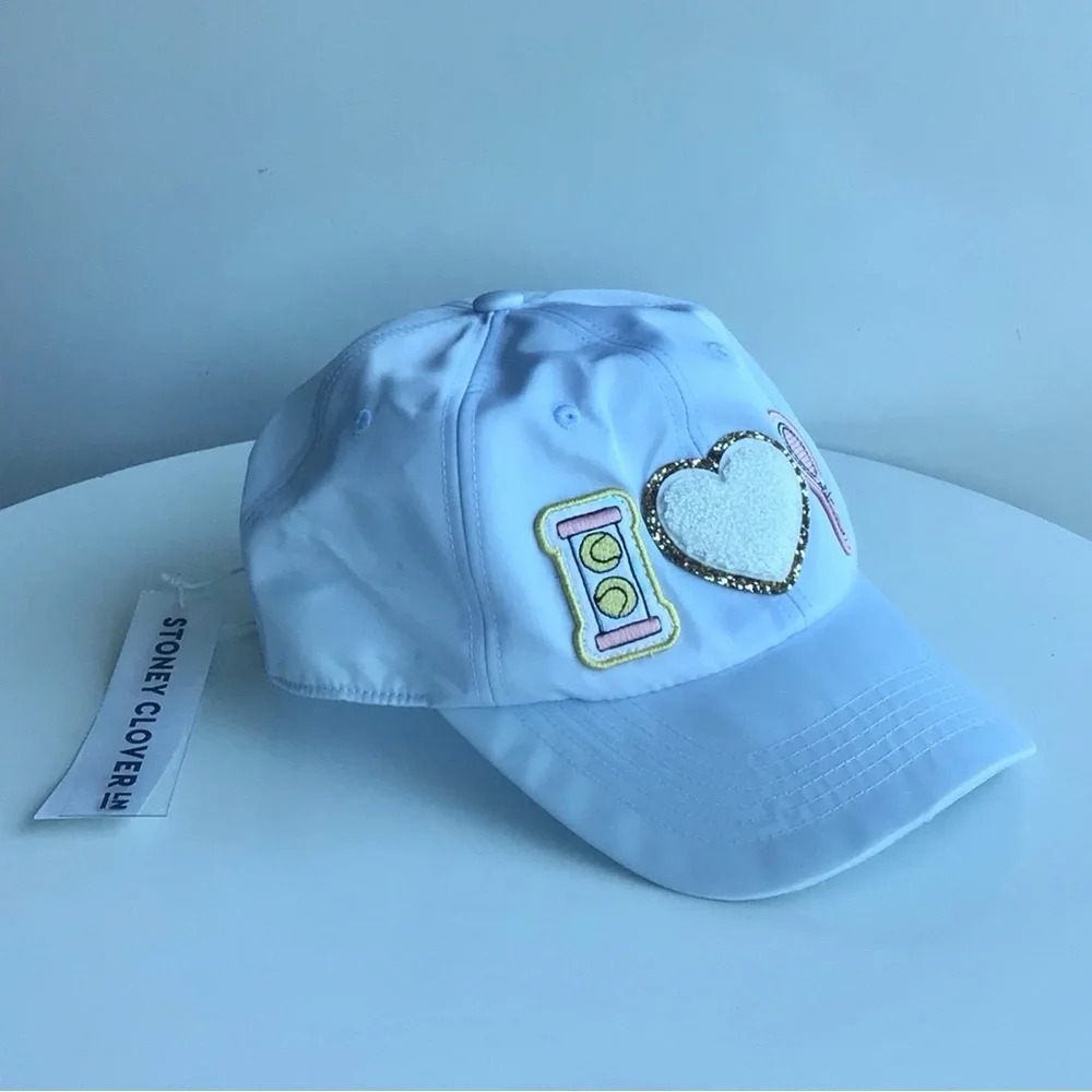 Stoney Clover Lane pastel baby blue nylon baseball cap I heart tennis racket